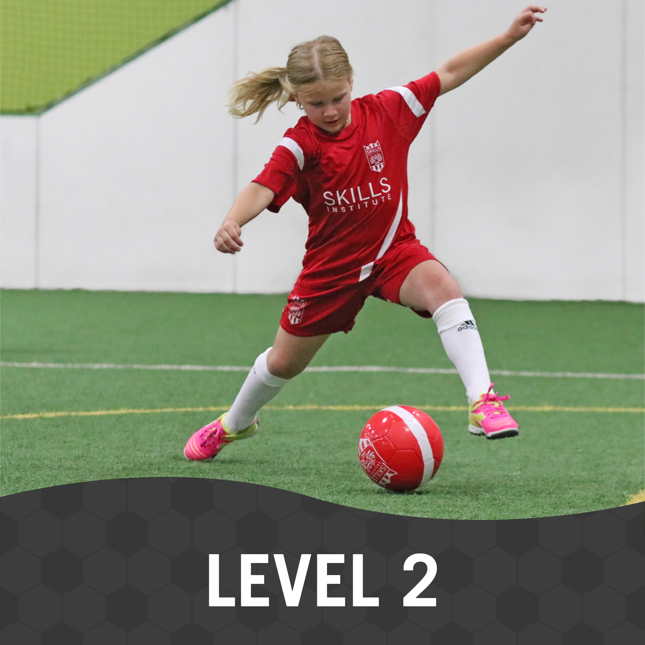 Focus is on continual development of individual technique, field awareness, and combination play. Level 2 will take players through a challenging 50-minute weekly session of driving competence of the fundamentals, possession mentality, and development of personal strengths and how to contribute those strengths to enhance team play. Player to coach ratio is 8:1